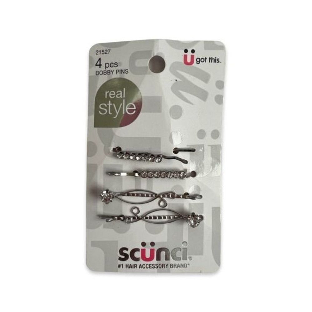 Set of 4 New Scunci Silver and Rhinestone Bobby Pins